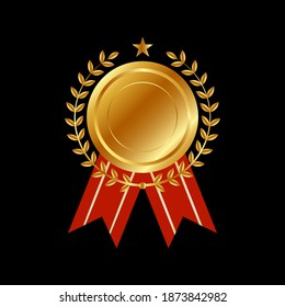 Golden stamp with ribbons isolated on white background. Luxury seal. Award medal 3d realistic vector color illustration. Reward. Golden medal with red ribbon. Certified product. Quality badge