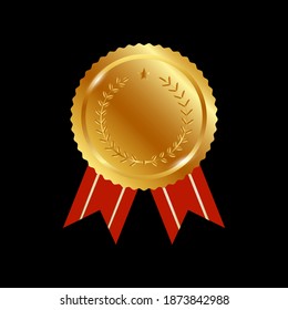 Golden stamp with ribbons isolated on white background. Luxury seal. Award medal 3d realistic vector color illustration. Reward. Golden medal with red ribbon. Certified product. Quality badge