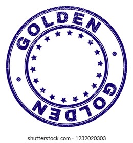 GOLDEN stamp seal imprint with grunge texture. Designed with circles and stars. Blue vector rubber print of GOLDEN title with dust texture.
