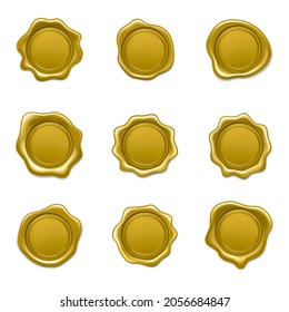 golden stamp wax seal set. Realistic vector illustration isolated on white background
