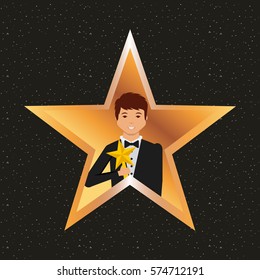 golden star with actor with trophy over black background. colorful design. actors awards design. vector illustration