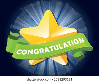 Golden Star Award with Green Ribbon. Bright Celebration Badge with Congratulations Text