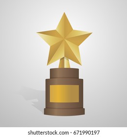 Golden star award on brown base. Gold Trophy vector illustration.