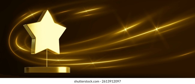 Golden Star Award no palco redondo isolado no fundo preto. Ilustração realista de vetor da maquete do troféu de ouro brilhando no pedestal, linhas amarelas abstratas cintilantes, símbolo de sucesso, prêmio do vencedor