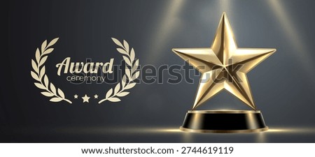 Golden star award trophy on a spotlighted dark background. Ideal for ceremony, achievement, and recognition. Vector illustration