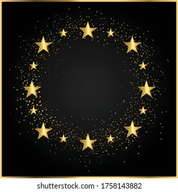 Golden star background. Glowing glitter star shape icons on dark black background. 