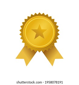 Golden star badge vector. Gold medal champion ribbon illustration. 