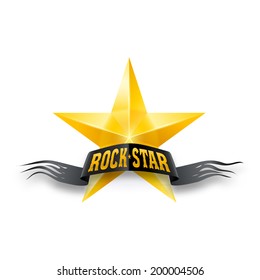 Golden star with black torn Rock Star banner. Illustration on white background