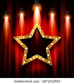 Golden star with blank banner. Vector illustration