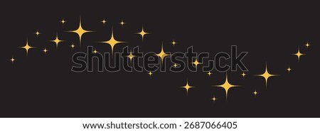 Golden star border. Sparkle stars pattern on black background. Golden celestial star wave. Christmas banner. Vector design for New year holiday cover