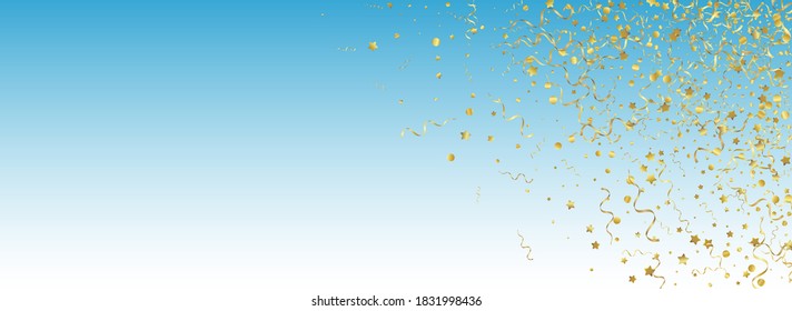 Golden Star Carnival Vector Panoramic Blue Background. Fun Serpentine Illustration. Spiral Abstract Template. Yellow Party Poster.