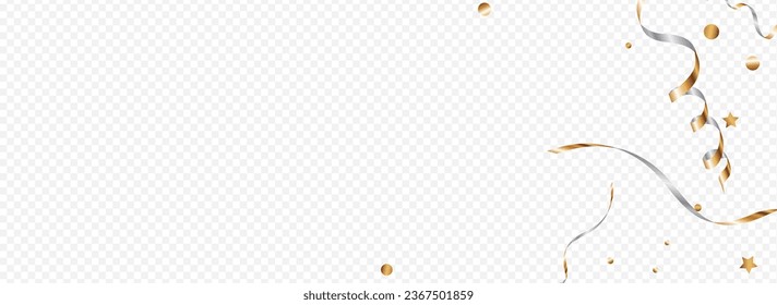 Golden Star Celebrate Vector Panoramic Transparent Background. Festive Ribbon Branch. Confetti Decoration Illustration. Luxury Falling Plant.