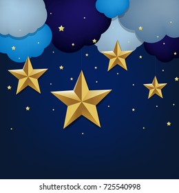 Golden Star And Clouds Gradient Mesh, Vector Illustration