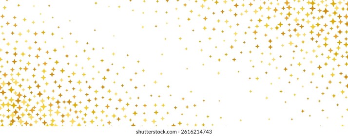 Golden star confetti background. Gold dotted sparkle glitter pattern. Yellow orange sparks wallpaper. Celebration Christmas, New Year, birthday, wedding decoration party backdrop. Vector overlay