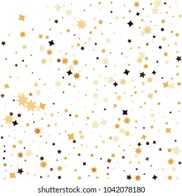 Golden star confetti. Fallen glitter vector background. White and yellow geometric stars explosion for invitation card. New year and christmas celebration template. Bright glitter flat illustration.
