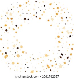 Golden star confetti. Fallen glitter vector background. White and yellow geometric stars explosion for invitation card. New year and christmas celebration template. Bright glitter flat illustration.