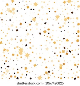 Golden star confetti. Fallen glitter vector background. White and yellow geometric stars explosion for invitation card. New year and christmas celebration template. Bright glitter flat illustration.