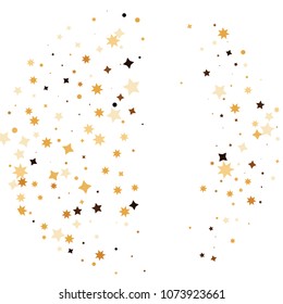 Golden star confetti. Fallen glitter vector background. White and yellow geometric stars explosion for invitation card. New year and christmas celebration template. Bright glitter flat illustration.