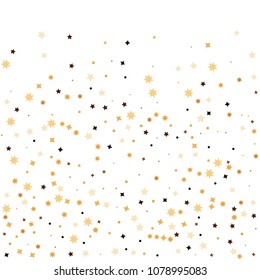 Golden star confetti. Fallen glitter vector background. White and yellow geometric stars explosion for invitation card. New year and christmas celebration template. Bright glitter flat illustration.