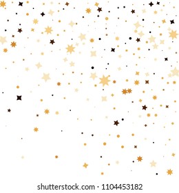 Golden star confetti. Fallen glitter vector background. White and yellow geometric stars explosion for invitation card. New year and christmas celebration template. Bright glitter flat illustration.