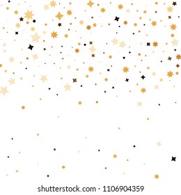 Golden star confetti. Fallen glitter vector background. White and yellow geometric stars explosion for invitation card. New year and christmas celebration template. Bright glitter flat illustration.