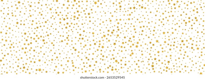Estrela dourada confete padrão sem costura. Brilho dourado reluz fundo repetido. Papel de parede repetitivo floco brilhante amarelo. Vetor celebração Natal, Ano Novo, casamento ou festa de aniversário pano de fundo