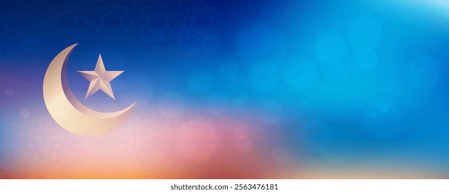 golden star crescent moon with islamic light bokeh background vector