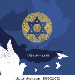 Golden Star of David with dove silhouettes vector illustration. Hanukkah greeting cards. Flying Pigeon symbol of peace.