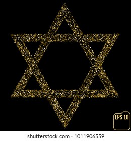 Golden star of David isolated on black. Gold stars confetti concept.