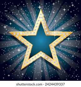 golden star with diamonds on blue starburst