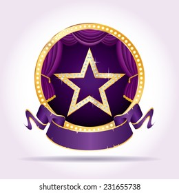 golden star with diamonds on purple circle stage with blank banner 