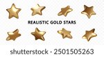 Golden star from different angles. Realistic metallic stars isolated. Christmas design element