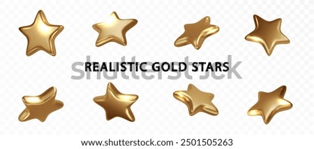 Golden star from different angles. Realistic metallic stars isolated. Christmas design element