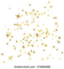 Golden star falling print. Vector background. Shiny star with eight beams pattern. Astral design. Golden starlit card. Confetti fall chaotic decor. Gold yellow starry background. Creative pattern.