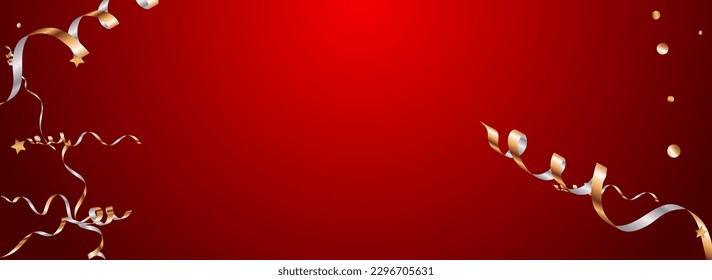 Golden Star Festive Vector Panoramic Red Background. Celebration Serpentine Poster. Confetti Falling Template. Shiny Happy Branch.