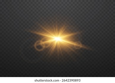 Golden star flash and lens light. On a transparent background.