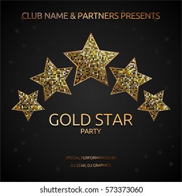 Golden Star. Flyer. Invitation to a party. Black and gold design. Vector illustrations.