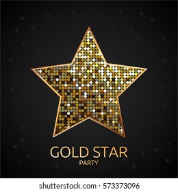 Golden Star. Flyer. Invitation to a party. Black and gold design. Vector illustrations.