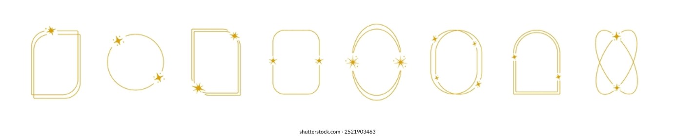 Golden star frame collection outline. Border with space elements. Frameworks with yellow solar elements.