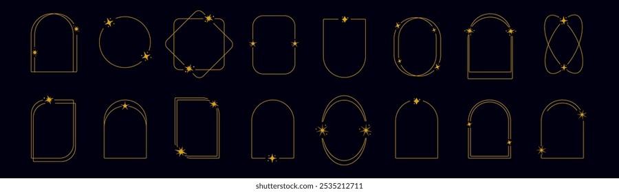 Golden star frame collection outline. Border with space elements. Frameworks with starts on midnight background.