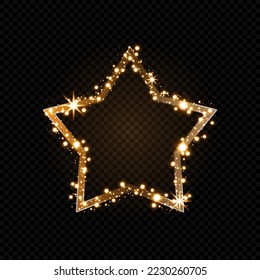 Golden star frame with glitter particles isolated on dark background. Shiny gold border. Glow stardust light effect on black. Christmas sparks and glares. Luxury backdrop.