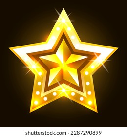 Estrella dorada en un marco con bombillas. Vector clipart.