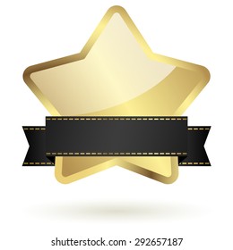 golden star with frame, reflection, black banner and shadow