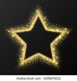 Golden star frame with sparkles and flares, abstract luminous particles, yellow stardust light effect isolated on a dark background. Xmas glares and sparks. Luxury backdrop. Vector illustration.