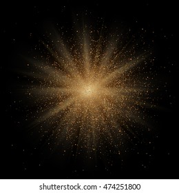 Golden star glitter particle explosion. Space body implosion effect. Star dust on black background. Vector.