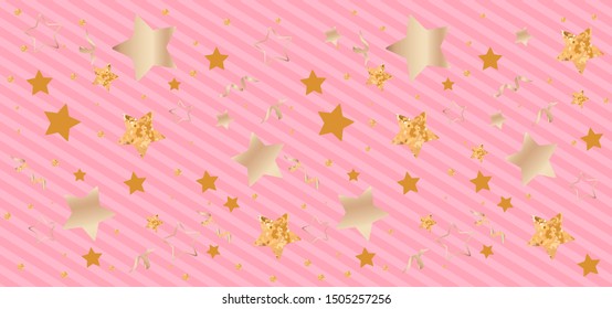 Golden Star Glitter With Ribbon In Pink Background Design