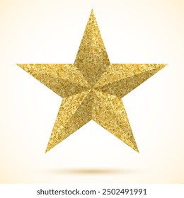 Golden star with glitters. Realistic 3D vector christmas tree topper. Shiny christmas symbol for postcards or clothes clothes. Shiny golden star with a yellow shadow.