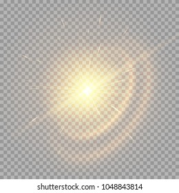 The golden star glows on a transparent background. Vivid vector rays for festive decoration.