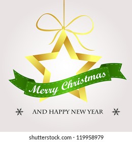 golden star with green ribbon. christmas card.