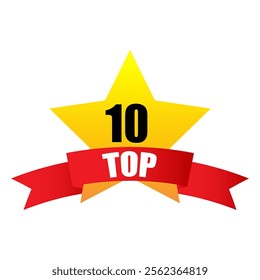 Golden star icon. Number ten and 10 badge. Bright red ribbon. Winning vector symbol.